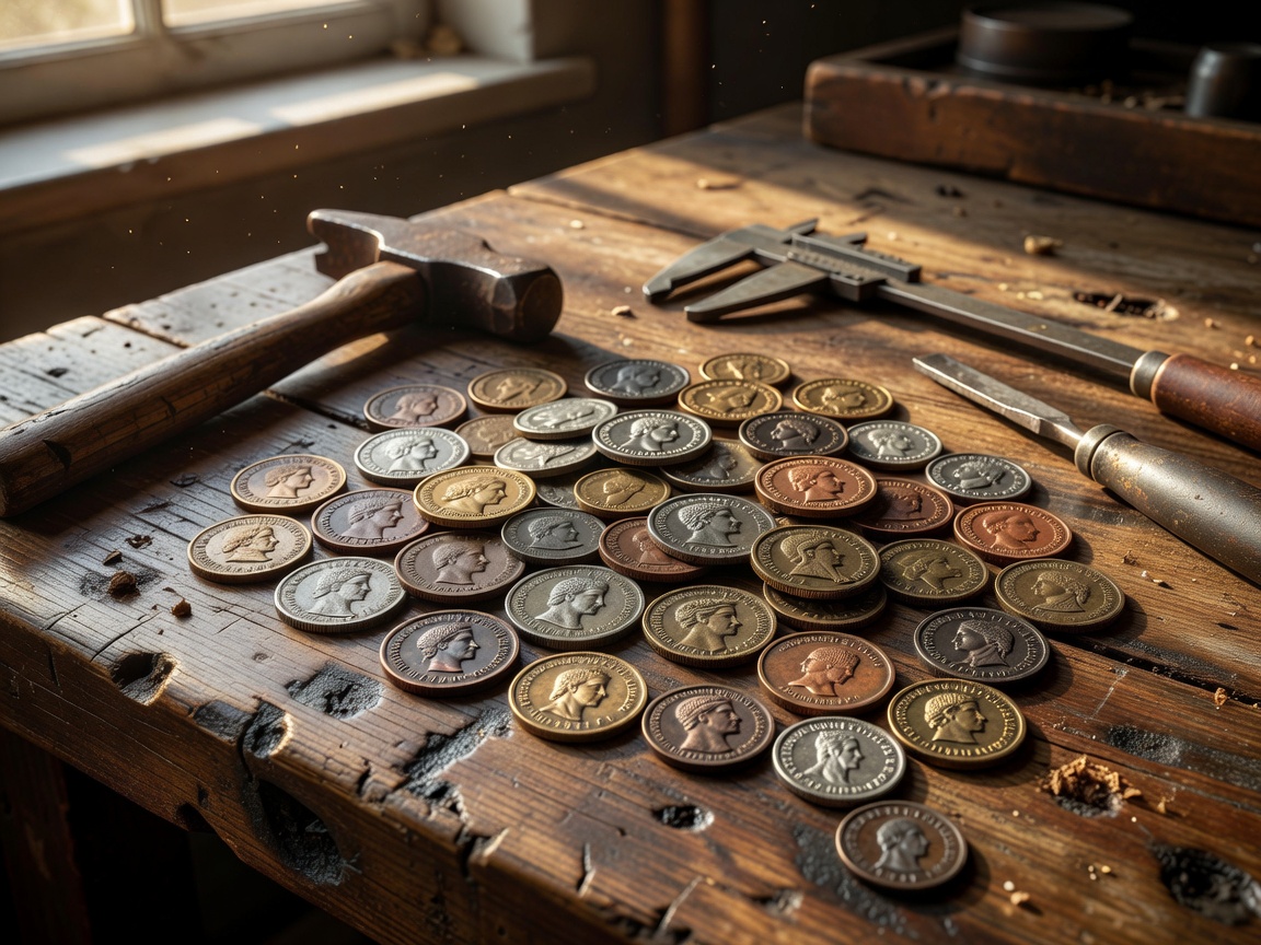 Antique coins resting on a wooden workbench