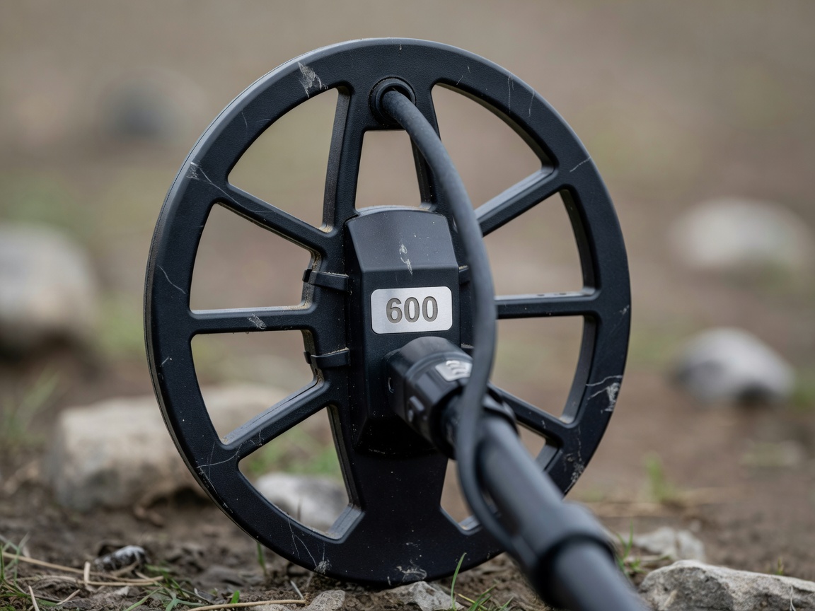Close up of a metal detector search coil