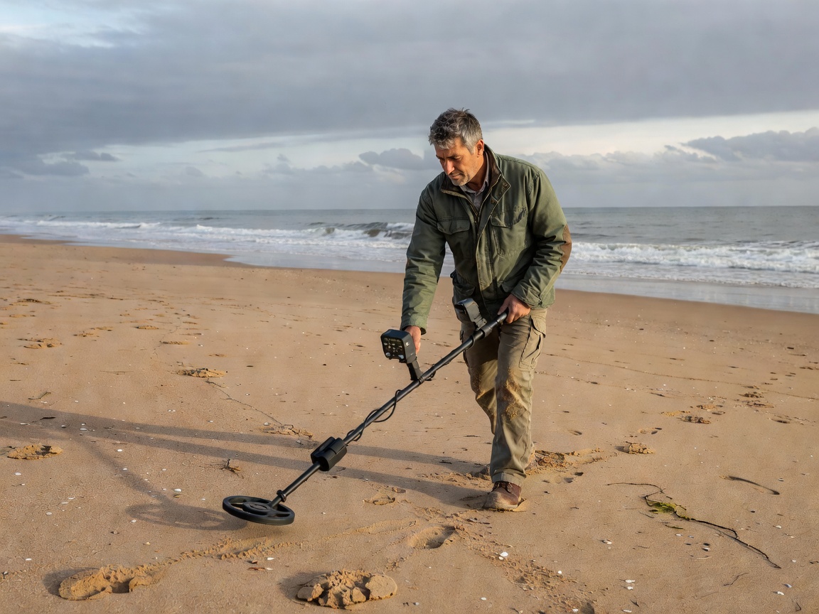 Person scanning a sandy beach with a metal detector